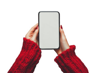 Cozy Red Sweater Holding Blank Phone Display Isolated on white background or PNG