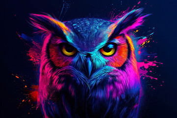 Obraz premium A vibrant watercolor painting of a colorful owl with expressive eyes. The concept of creativity, wisdom, and the beauty of nature interpreted through artistic expression. Generative AI.