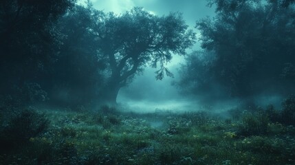 Obraz premium Misty forest path, ancient trees, green meadow.