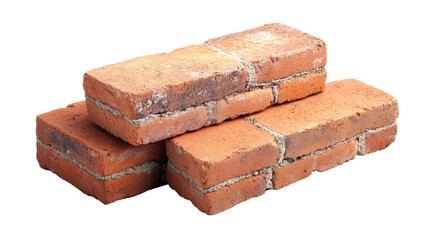 Stacked red clay bricks, weathered surface, isolated on white background, construction materials, building blocks. Isolated on white background or PNG