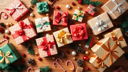 A Festive Collection of Wrapped Christmas Presents with Ornaments and Candy Canes on a Wooden Surface