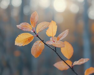 Closeup of autumn leaves in the forest with a soft, blurred bokeh background, creating a warm and inviting fall scene