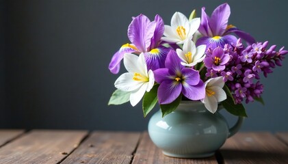 Beautifully arranged bouquet of purple and white irises and lilacs in a ceramic vase, bouquet, purple white © chaiwat