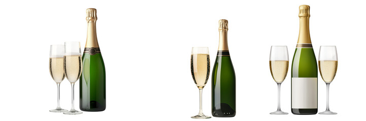Champagne bottles with flutes, showcasing sparkling wine ready for celebration.