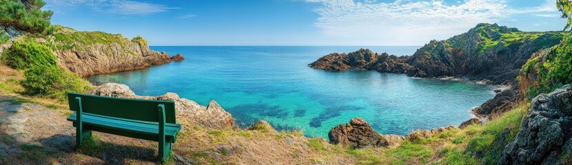 Obraz premium Serene coastal cove with a bench overlooking turquoise water and rocky cliffs under a sunny sky.