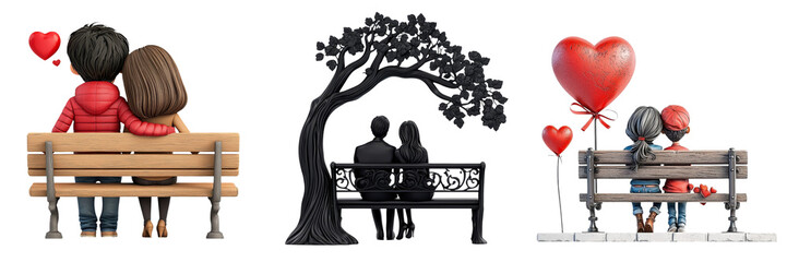 A couple sits closely on a bench, sharing a tender moment, with hearts around them, symbolizing love and connection.