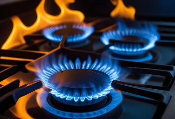 Blue flames emanating from a gas stove burner, with a bright orange flame visible in the background. The focus is on the burner, showcasing the intricate patterns of the flames against a metallic surf