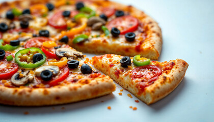 Delicious pizza with colorful toppings displayed on a white background ready to be enjoyed