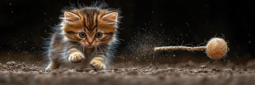 Playful kitten chasing toy on ground.