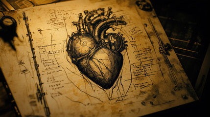 A realistic sketch of a heart and machinery, on yellowed and old paper, cyberpank, game diesign