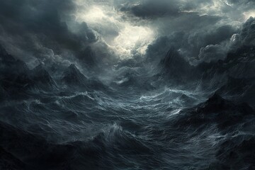 Fototapeta premium Dark Stormy Seas Crash Against Rugged Mountains Under a Gloomy Sky, A Dramatic Landscape of Nature's Fury