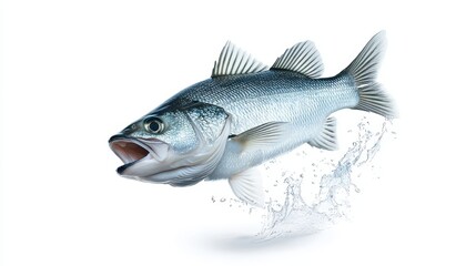 Fototapeta premium Leaping Sea Bass with Water Splash Isolated on White.