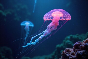 Bioluminescent jellyfish floating near the surface of the shallow waters, jellyfish, glow