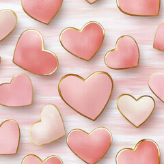 Obraz premium Beautiful hearts in various shades of pink with golden edges create charming pattern, perfect for romantic themes