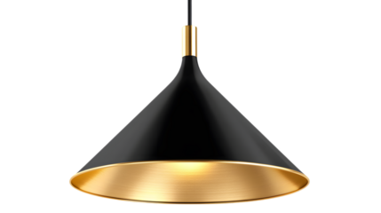 Modern black and gold pendant light with a sleek conical shape, perfect for contemporary interior lighting. Isolated on transparent background