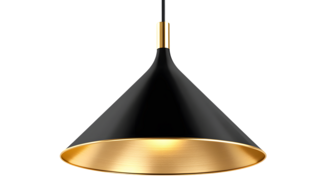 Modern black and gold pendant light with a sleek conical shape, perfect for contemporary interior lighting. Isolated on transparent background