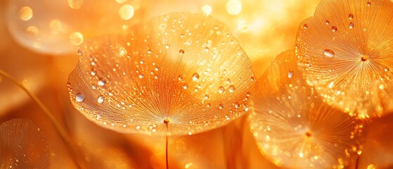 Fototapeta premium Macro shot of dandelion seeds with shimmering dew drops, evoking a sense of freshness and tranquility