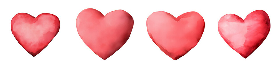 Four red hearts arranged in a line, showcasing varying sizes and shades of red, symbolizing love and affection.