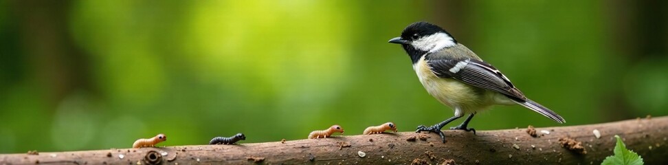Fototapeta premium Black capped chickadee perched on a log with multiple inchworms crawling on the log, insects, forest, bird