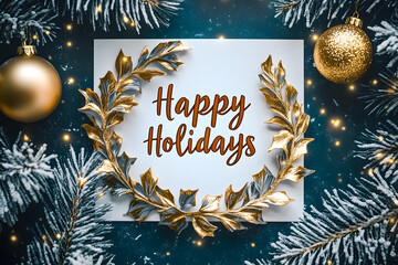A clean holiday card design with the text Happy Holidays surrounded by a gold wreath.