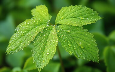 Raindrops on a fresh green leaf, with a softly blurred background, evoking the serenity of a dewy morning