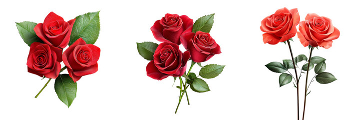Naklejka premium A collection of vibrant red roses accompanied by lush green leaves, showcasing various arrangements and stages of blooming.
