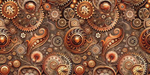 Intricate steampunk-themed patterns in warm colors and metallic textures.