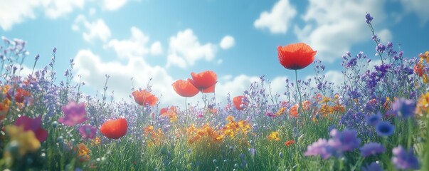 Obraz premium Wildflower meadow scene, clear blue skies with sunlight, radiant red poppies and diverse blooming flowers, peaceful and tranquil atmosphere, cinematic style