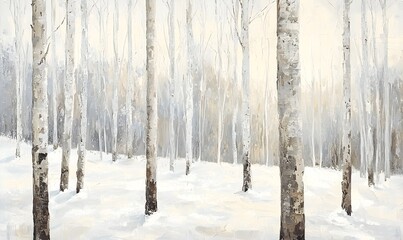 Fototapeta premium A painting of a tranquil birch forest in the snow with textured brushstrokes reminiscent of sunlight using a muted white taupe and gray palette