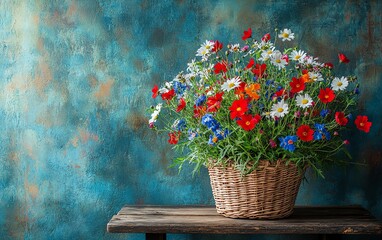 Woven basket filled with vibrant wildflowers, rustic table, aged textured wall backdrop, cozy and natural decor style, ultradetailed and vivid imagery