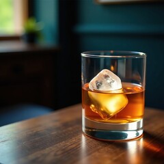 Chilled glass with whiskey and natural ice on wooden table, ambiance, calm