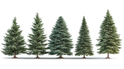 Obraz premium Five evergreen trees isolated on white background.