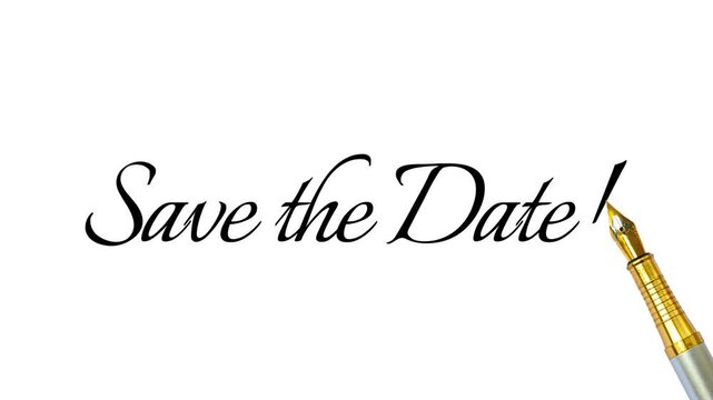 Pen writing Save the Date typography on white plane background, golden pen, 4k animation