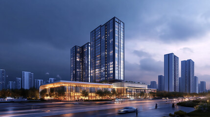 Fototapeta premium High rise buildings and dongshuimen bridge in Chongqing, China Modern Skyscraper Reflecting in Water at Dusk 