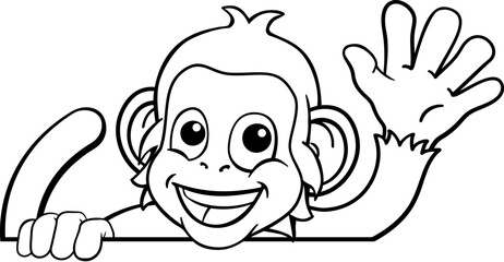 Obraz premium A monkey cartoon character animal peeking over a sign and waving