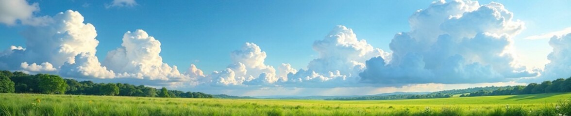 Fototapeta premium Cloudy Summer Landscape with Towering Cumulus Clouds,, nature scenery