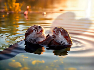 A fictional illustration of an otter couple in love in a pond. Valentine's Day Greeting Card. Love is everywhere