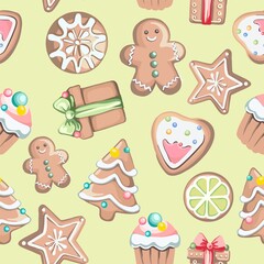 Merry Christmas! Happy New Year - a seamless pattern on a festive, winter theme from cute illustrations, elements in a flat style. Digital illustration