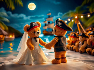 A fictional illustration of the wedding of a pair of toy bears dressed as pirates. Valentine's Day Greeting Card