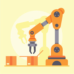Orange robotic arm packing products into cardboard boxes on an assembly line, representing automation in modern warehouse and industry 4.0 concept