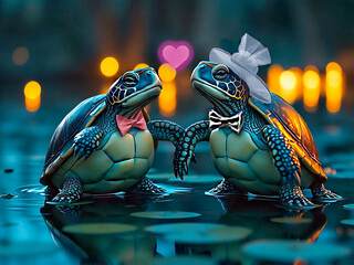 A pair of imaginary turtles in love in a swamp. Valentine's Day Greeting Card