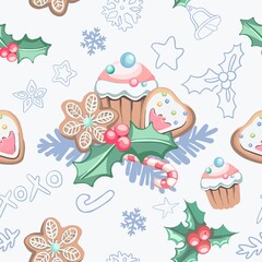 Merry Christmas! Happy New Year - a seamless pattern on a festive, winter theme from cute illustrations, elements in a flat style. Digital illustration