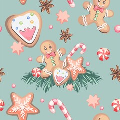 Merry Christmas! Happy New Year - a seamless pattern on a festive, winter theme from cute illustrations, elements in a flat style. Digital illustration