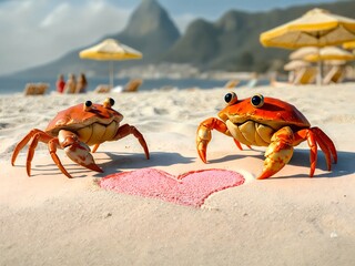A fictional illustration of a loving pair of crabs on the beach. A Valentine's Day card. Blurred background