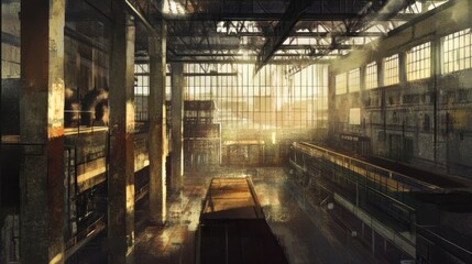 Fototapeta premium Sunlit Interior of an Abandoned Industrial Building