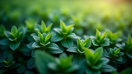 Fototapeta premium Lush green plants thrive in sunlight's gentle embrace. Perfect for nature blogs, gardening magazines, or environmental conservation websites