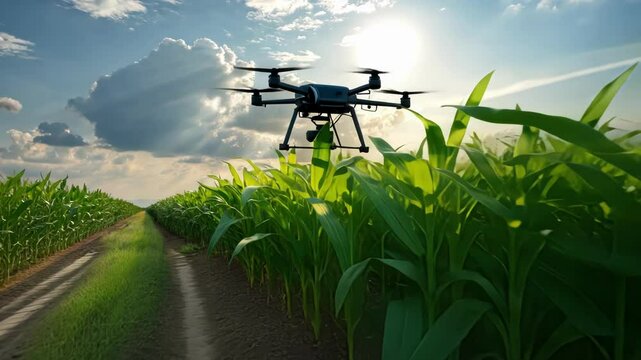 Solarpowered drone flying low over a vibrant patch of corn analyzing growth patterns in bright daylight.
