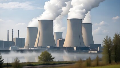 Nuclear power plant with cooling towers emitting steam against a cloudy sky