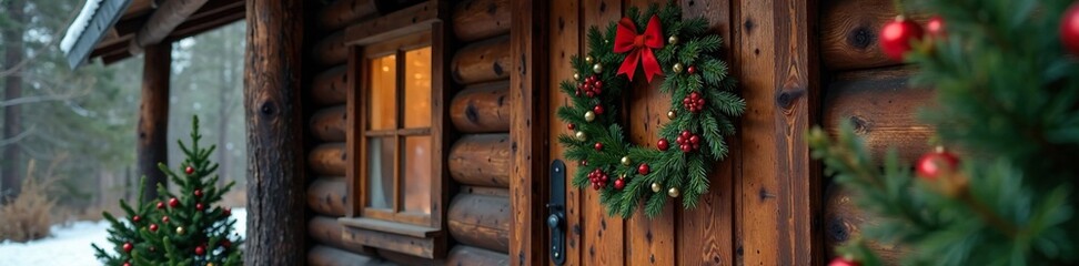 A beautiful Christmas wreath adorning the door of a rustic wooden cabin, wooden door, calm and quiet, christmas wreath