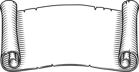 A scroll paper banner vintage old rolled parchment illustration in a vintage woodcut etching style